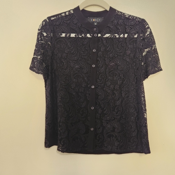 Corly Floral Lace Button Down Blouse Black 4 - Picture 3 of 8